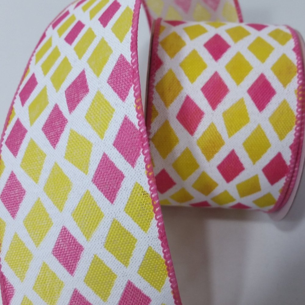 Wired Ribbon 2.5" x 25 Feet Pink Yellow Diamond